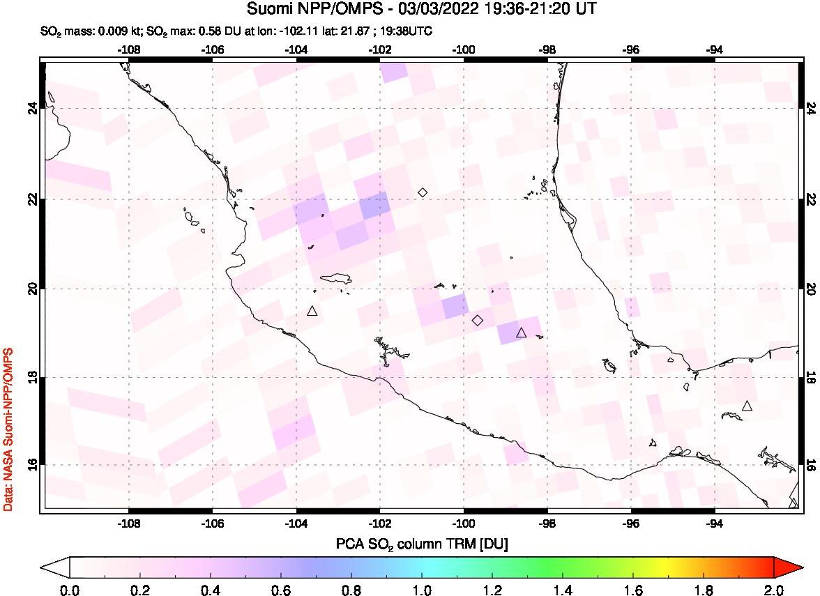 A sulfur dioxide image over Mexico on Mar 03, 2022.
