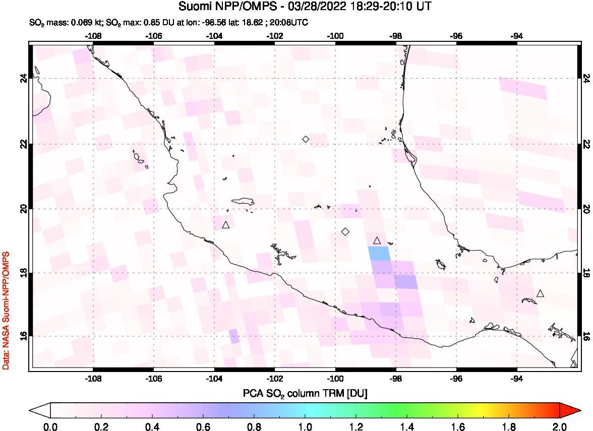 A sulfur dioxide image over Mexico on Mar 28, 2022.
