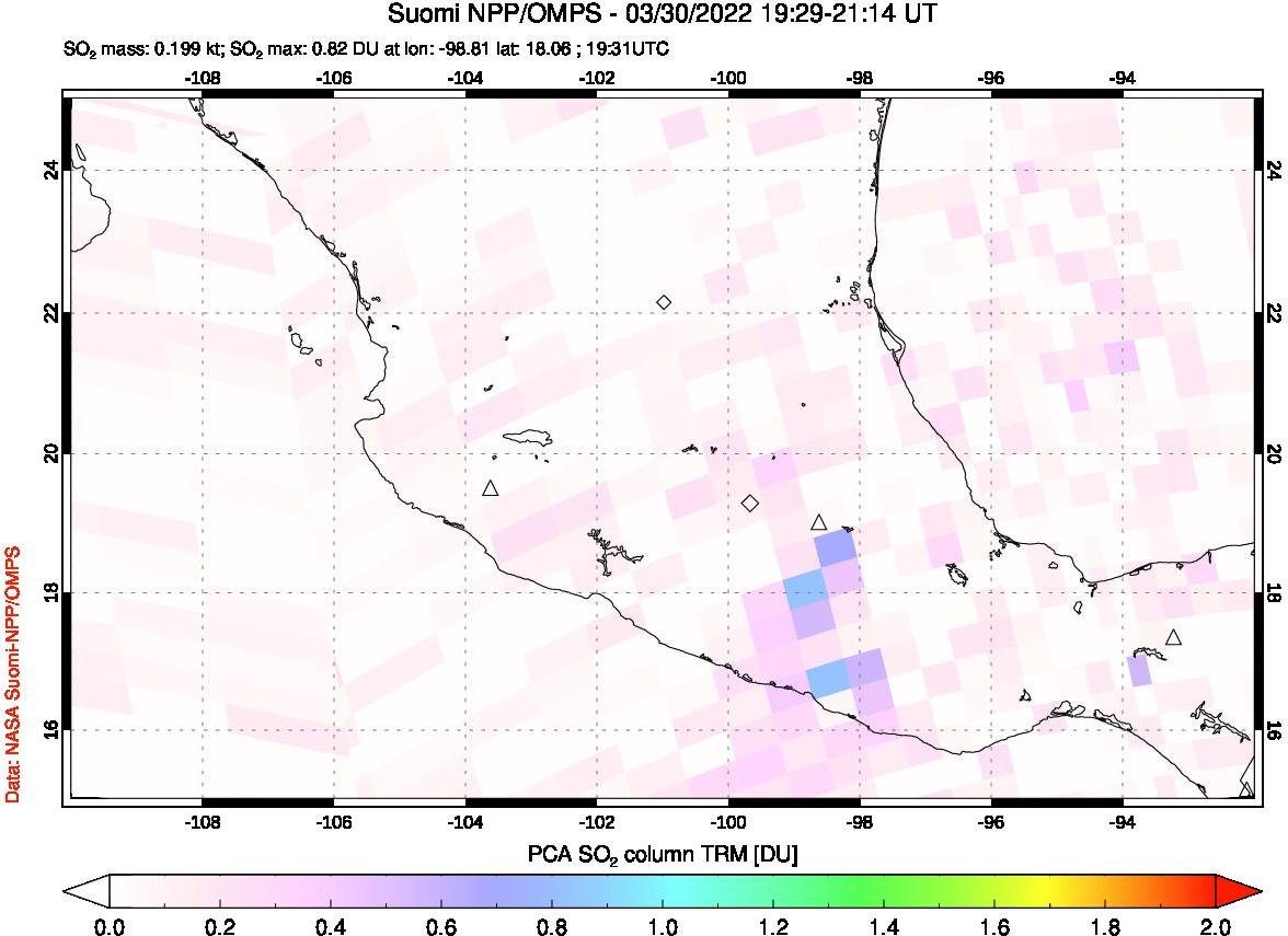 A sulfur dioxide image over Mexico on Mar 30, 2022.