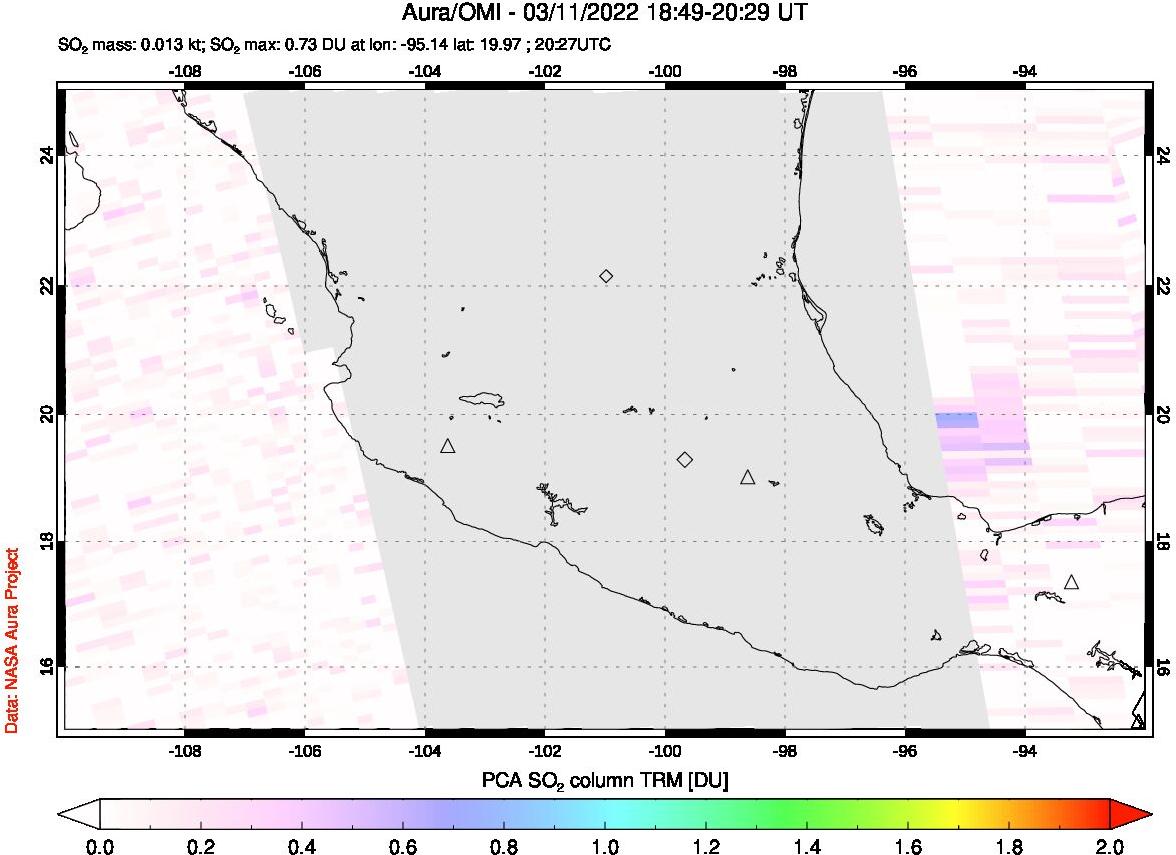 A sulfur dioxide image over Mexico on Mar 11, 2022.