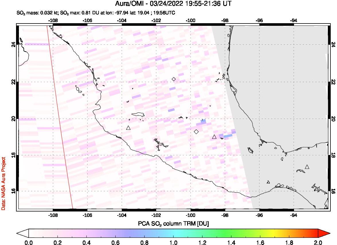 A sulfur dioxide image over Mexico on Mar 24, 2022.