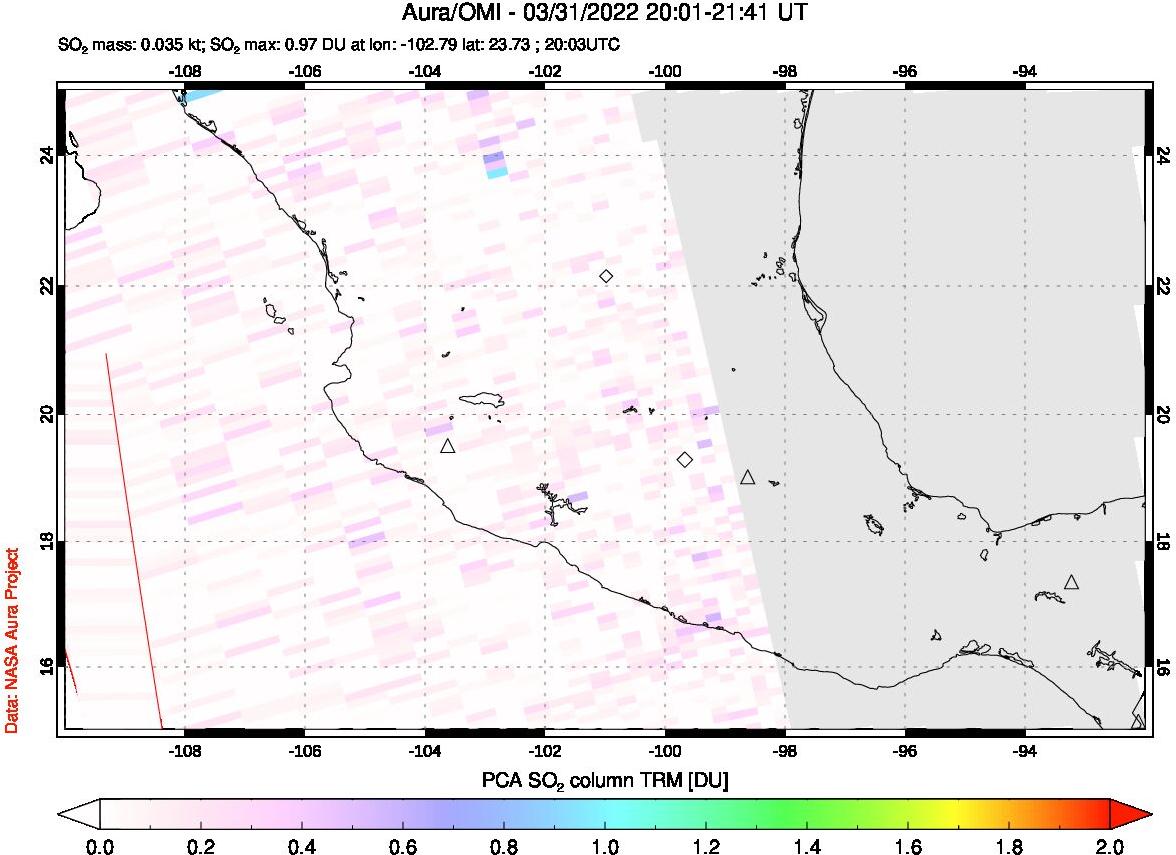 A sulfur dioxide image over Mexico on Mar 31, 2022.