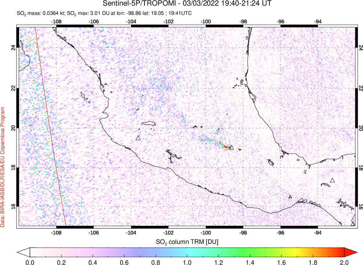 A sulfur dioxide image over Mexico on Mar 03, 2022.