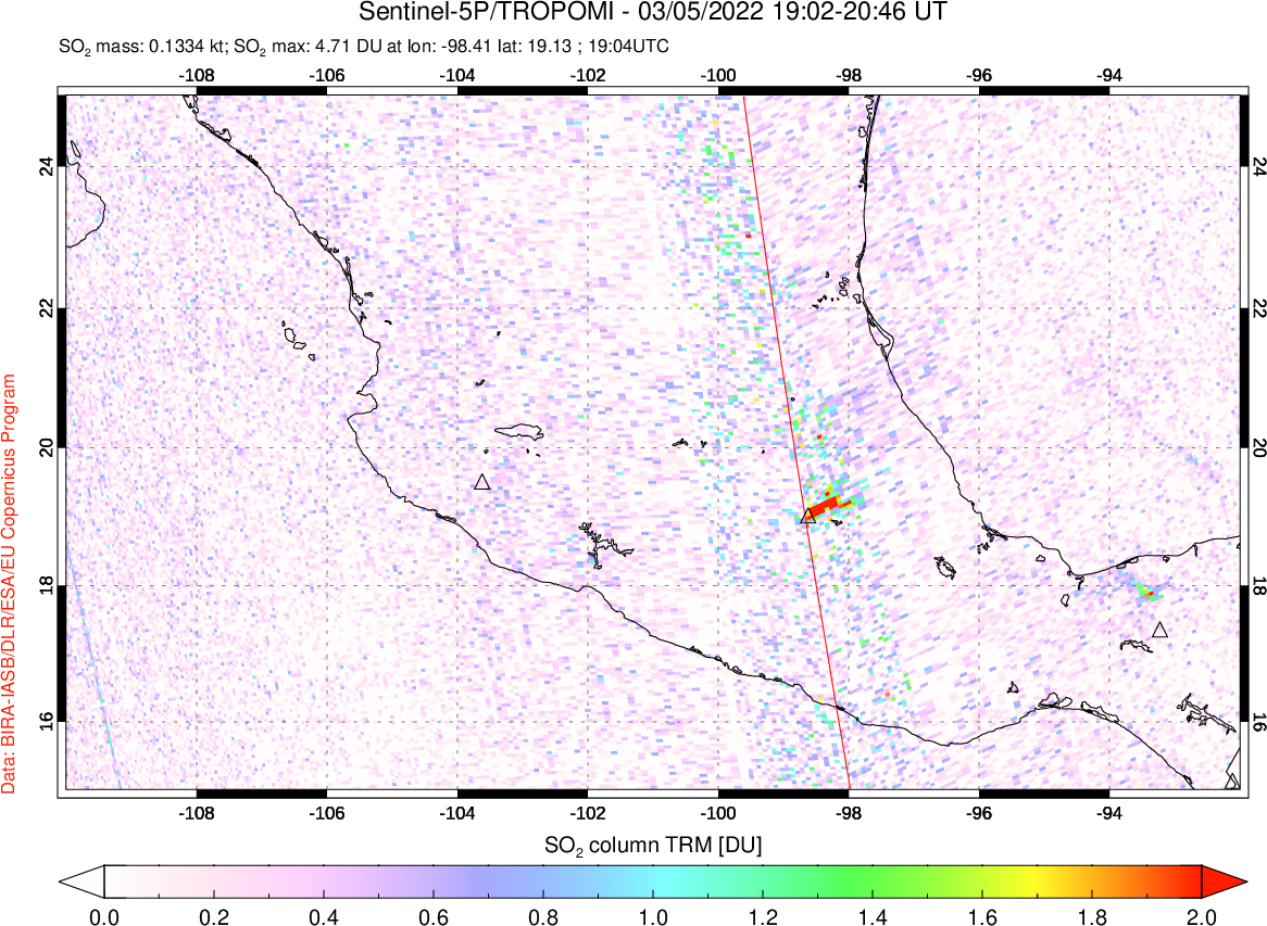A sulfur dioxide image over Mexico on Mar 05, 2022.
