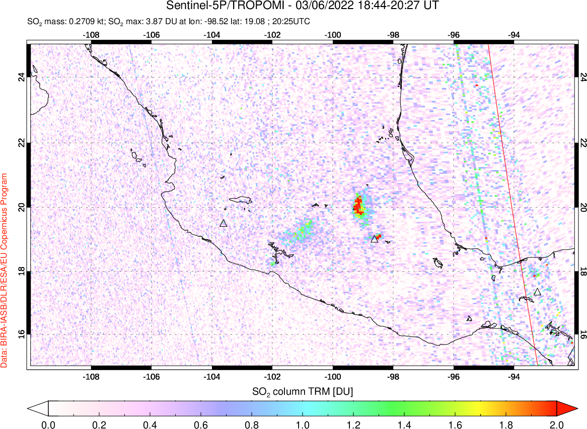 A sulfur dioxide image over Mexico on Mar 06, 2022.