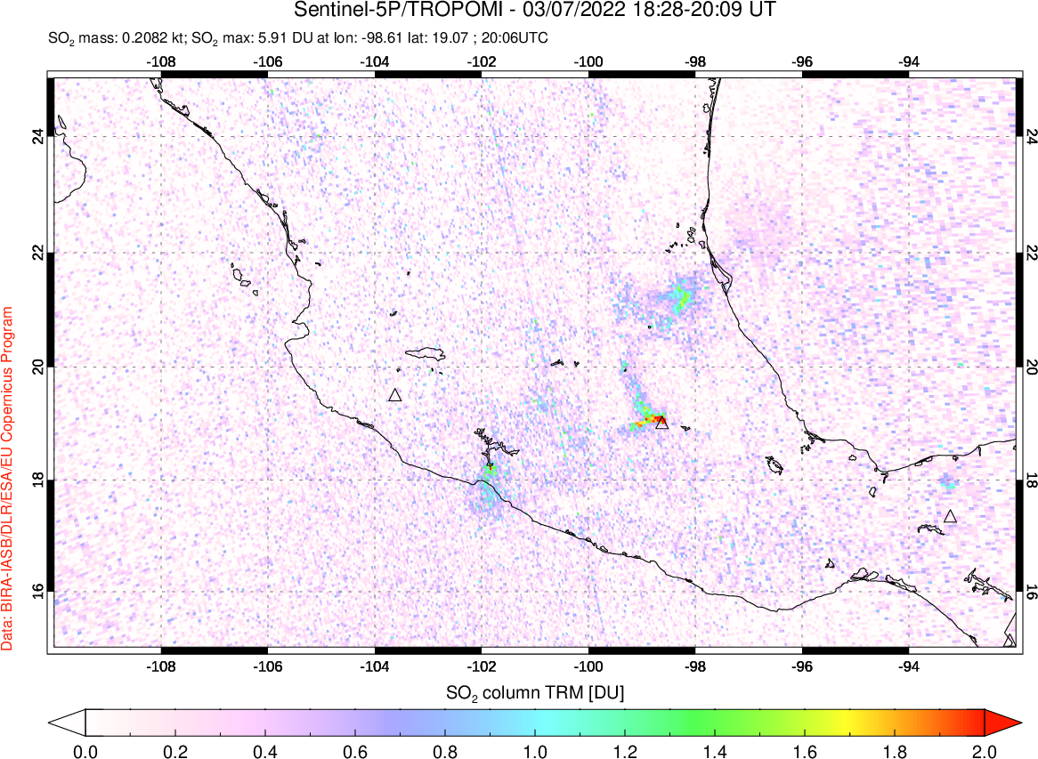 A sulfur dioxide image over Mexico on Mar 07, 2022.