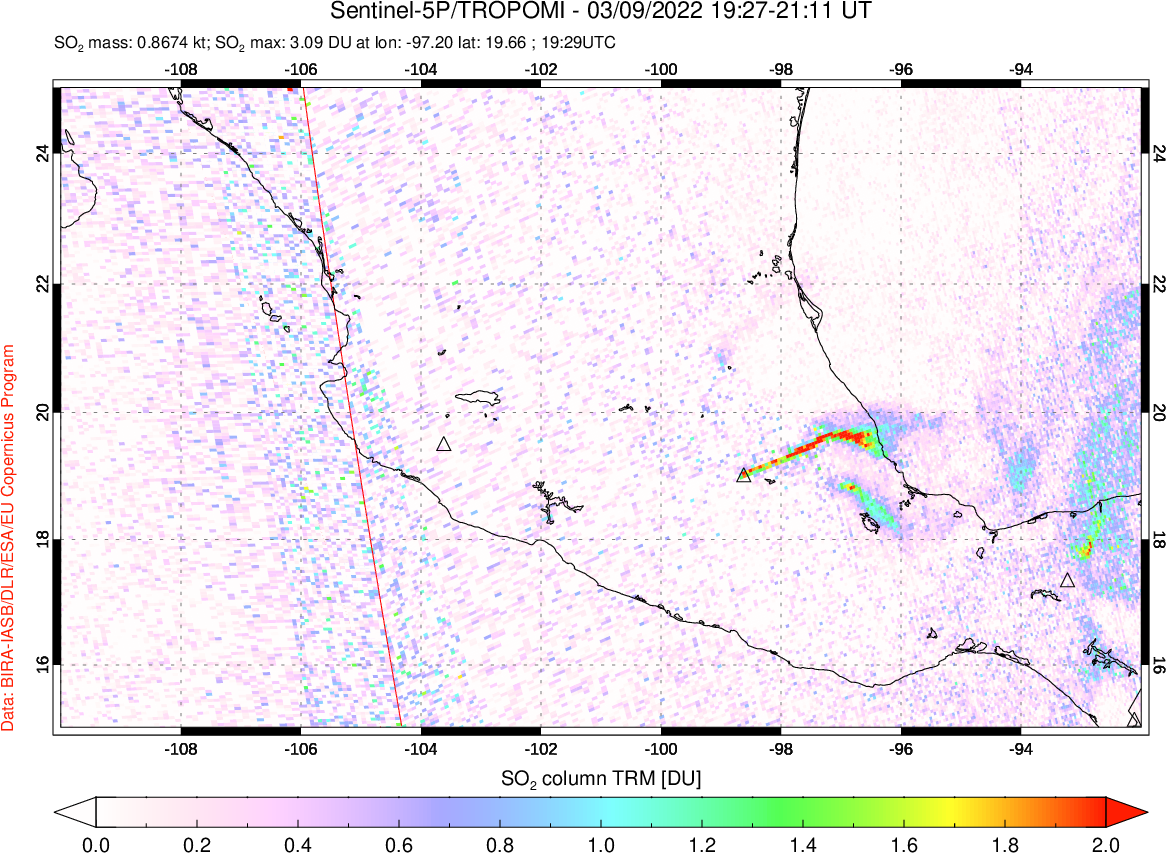 A sulfur dioxide image over Mexico on Mar 09, 2022.