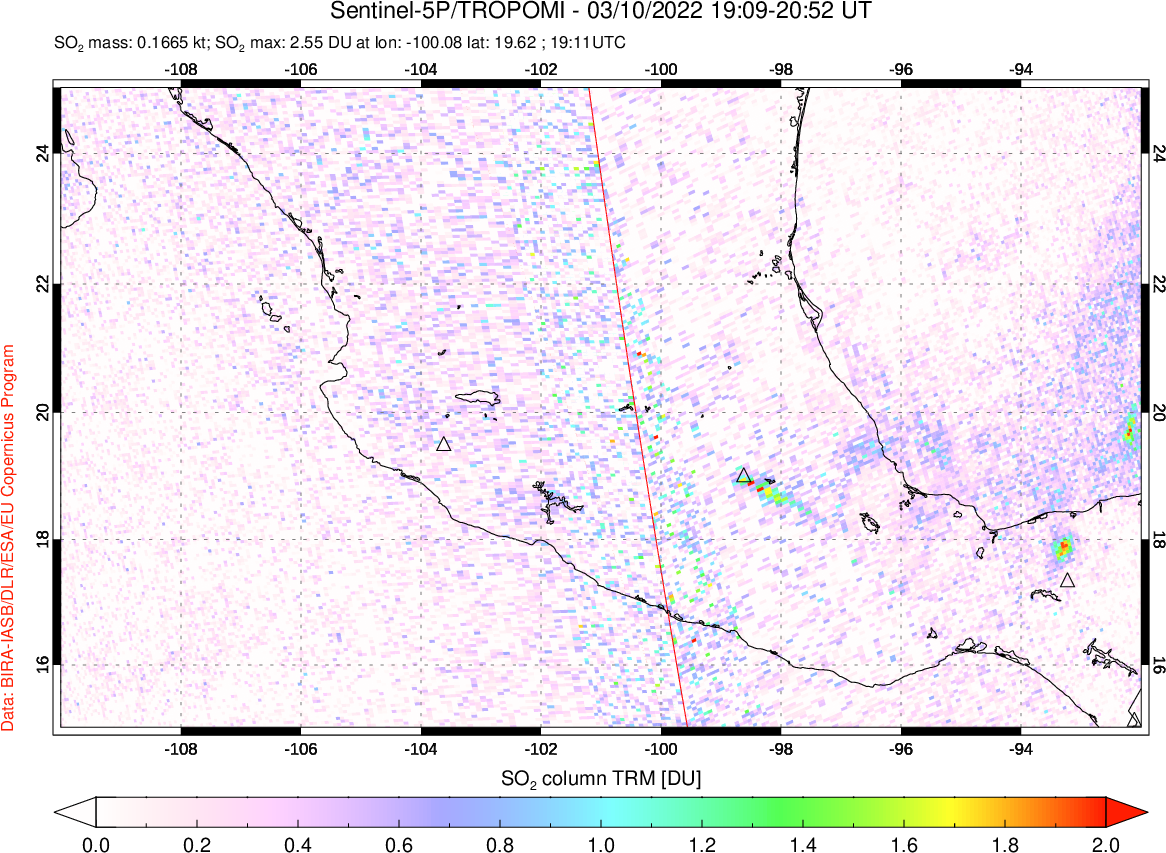 A sulfur dioxide image over Mexico on Mar 10, 2022.