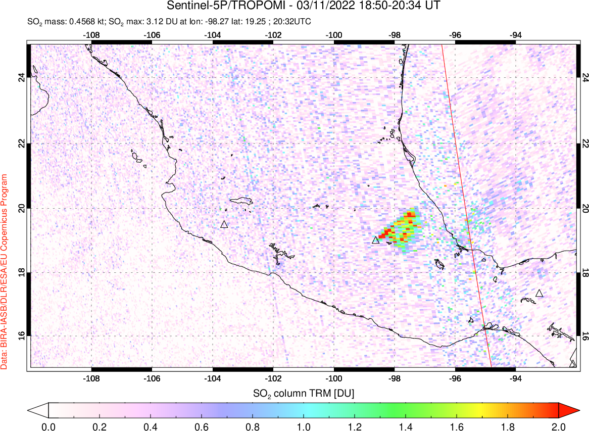 A sulfur dioxide image over Mexico on Mar 11, 2022.