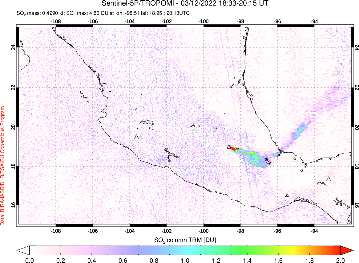A sulfur dioxide image over Mexico on Mar 12, 2022.