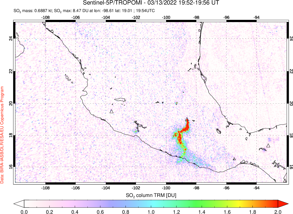 A sulfur dioxide image over Mexico on Mar 13, 2022.
