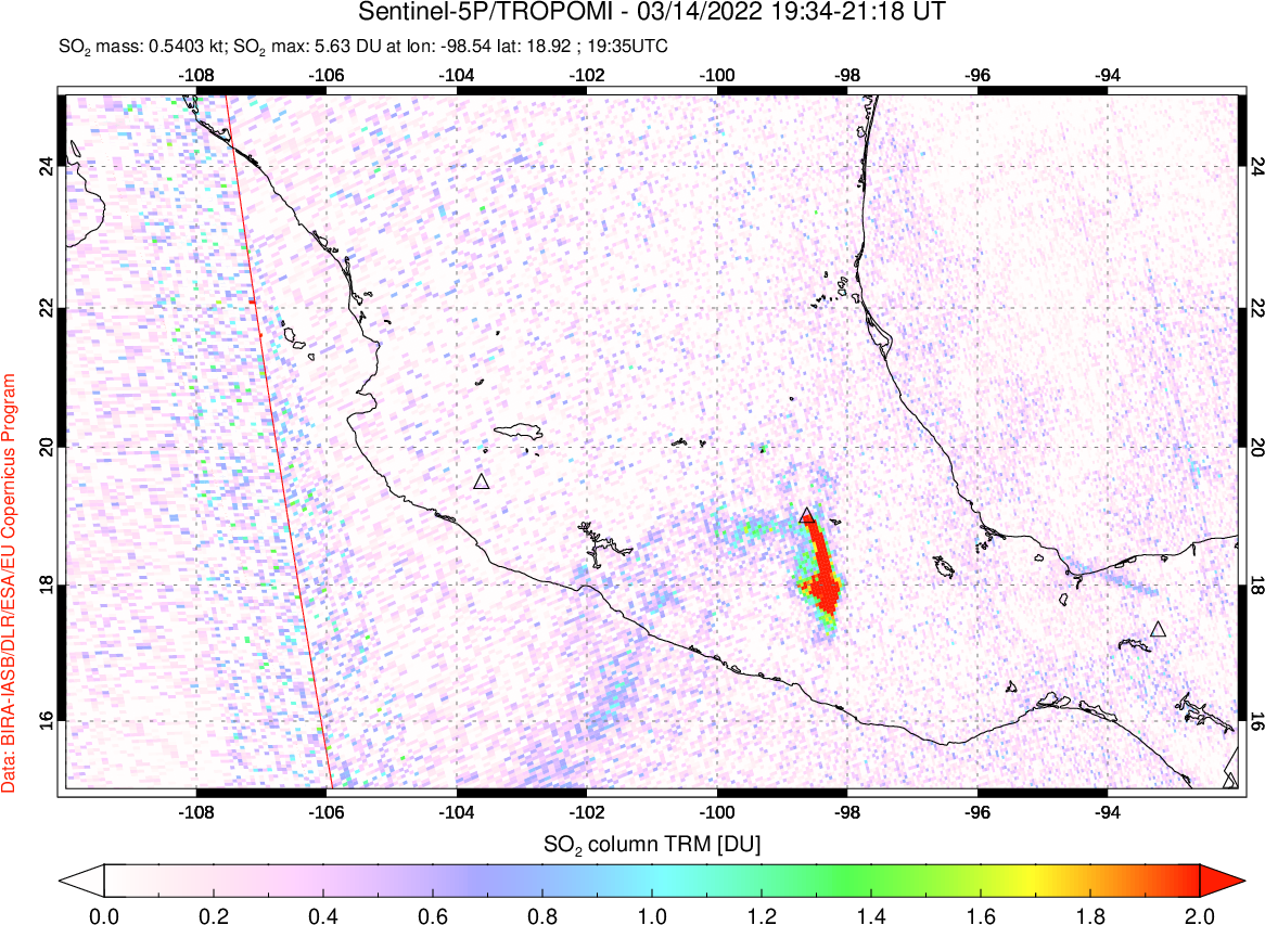 A sulfur dioxide image over Mexico on Mar 14, 2022.
