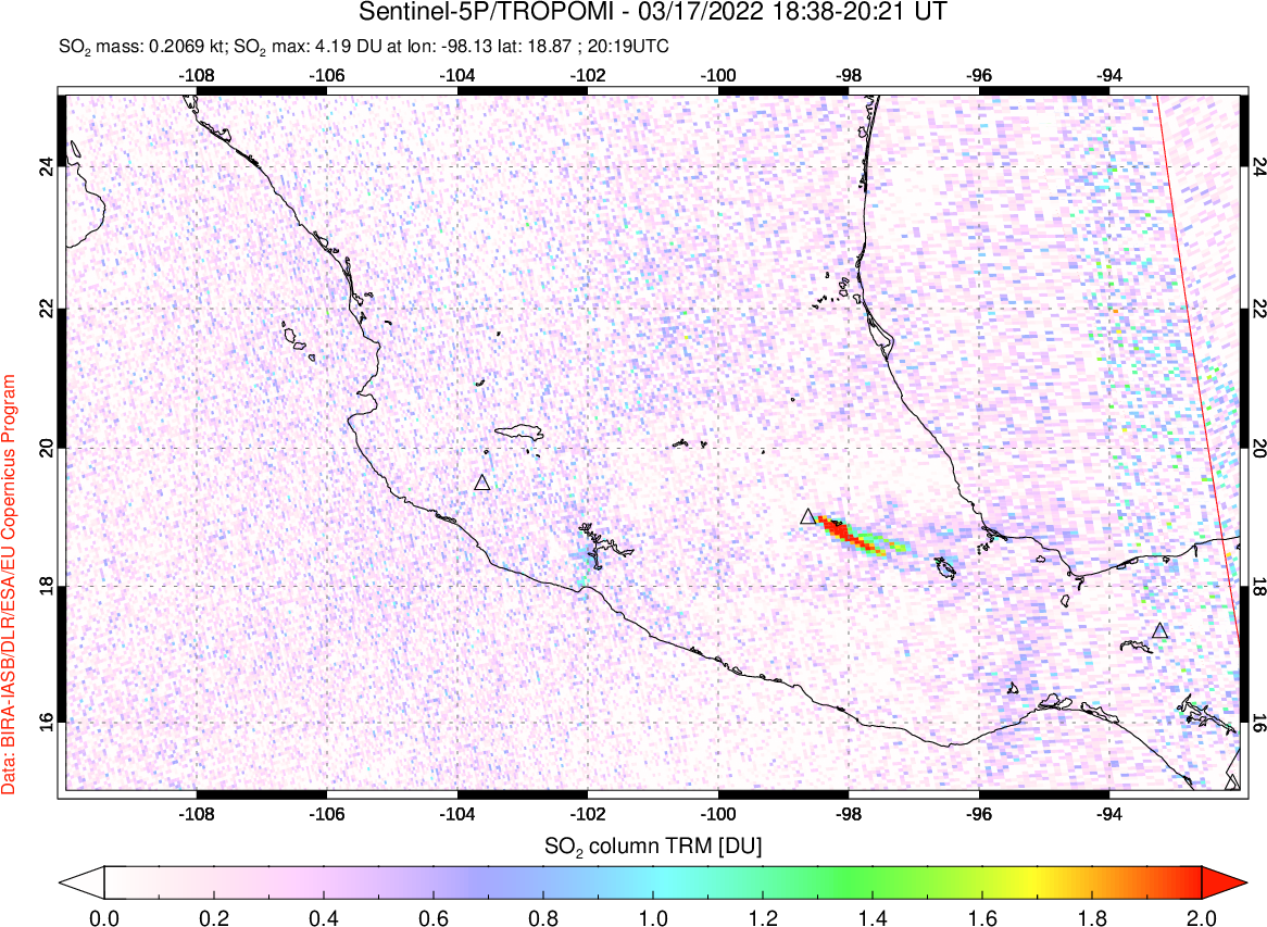 A sulfur dioxide image over Mexico on Mar 17, 2022.