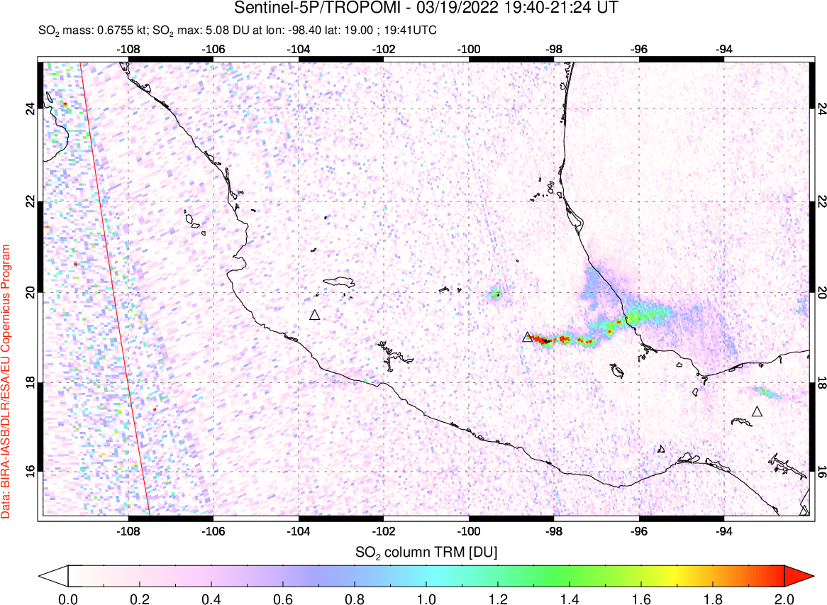 A sulfur dioxide image over Mexico on Mar 19, 2022.