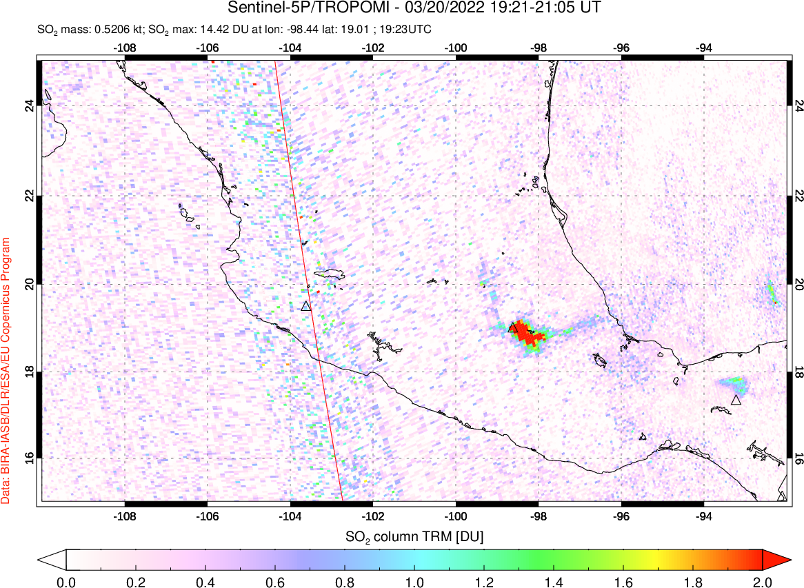 A sulfur dioxide image over Mexico on Mar 20, 2022.