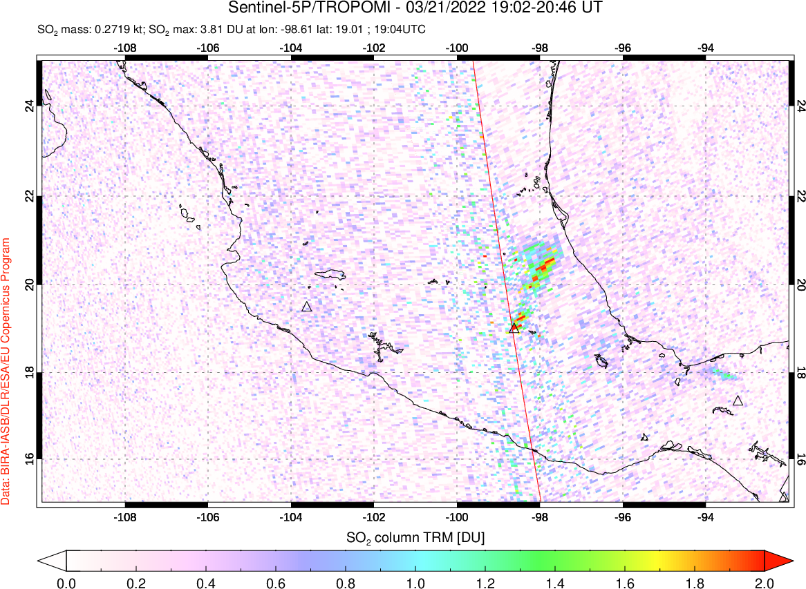 A sulfur dioxide image over Mexico on Mar 21, 2022.