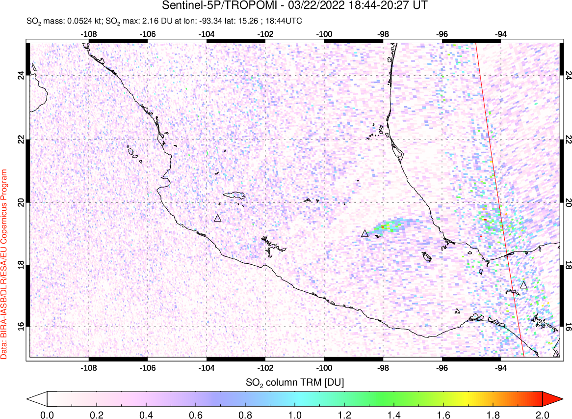 A sulfur dioxide image over Mexico on Mar 22, 2022.