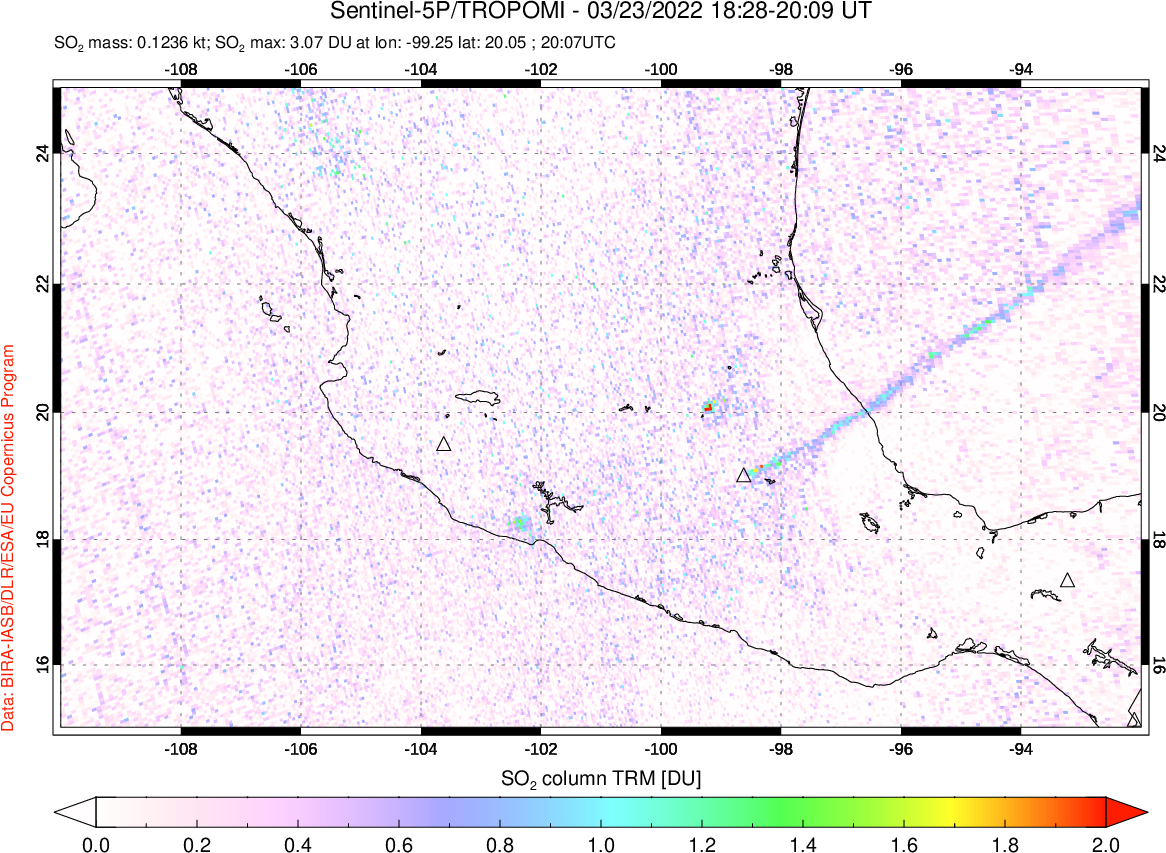 A sulfur dioxide image over Mexico on Mar 23, 2022.