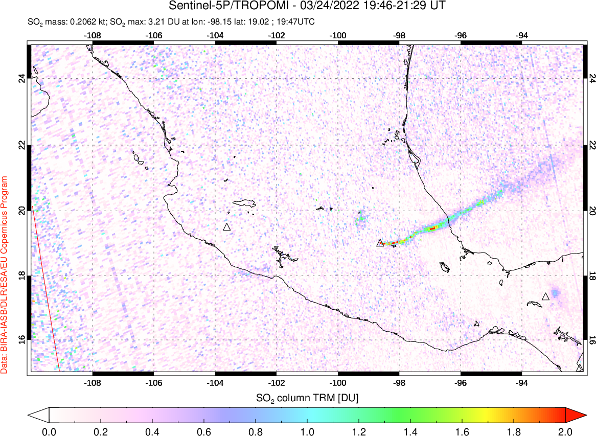 A sulfur dioxide image over Mexico on Mar 24, 2022.