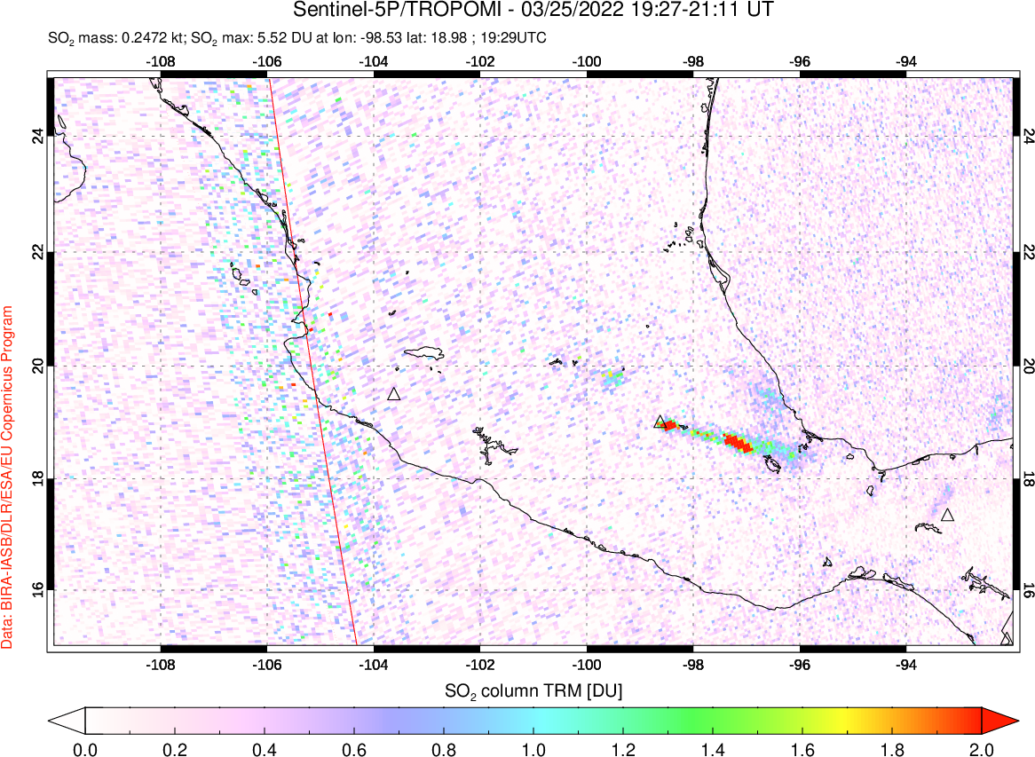 A sulfur dioxide image over Mexico on Mar 25, 2022.