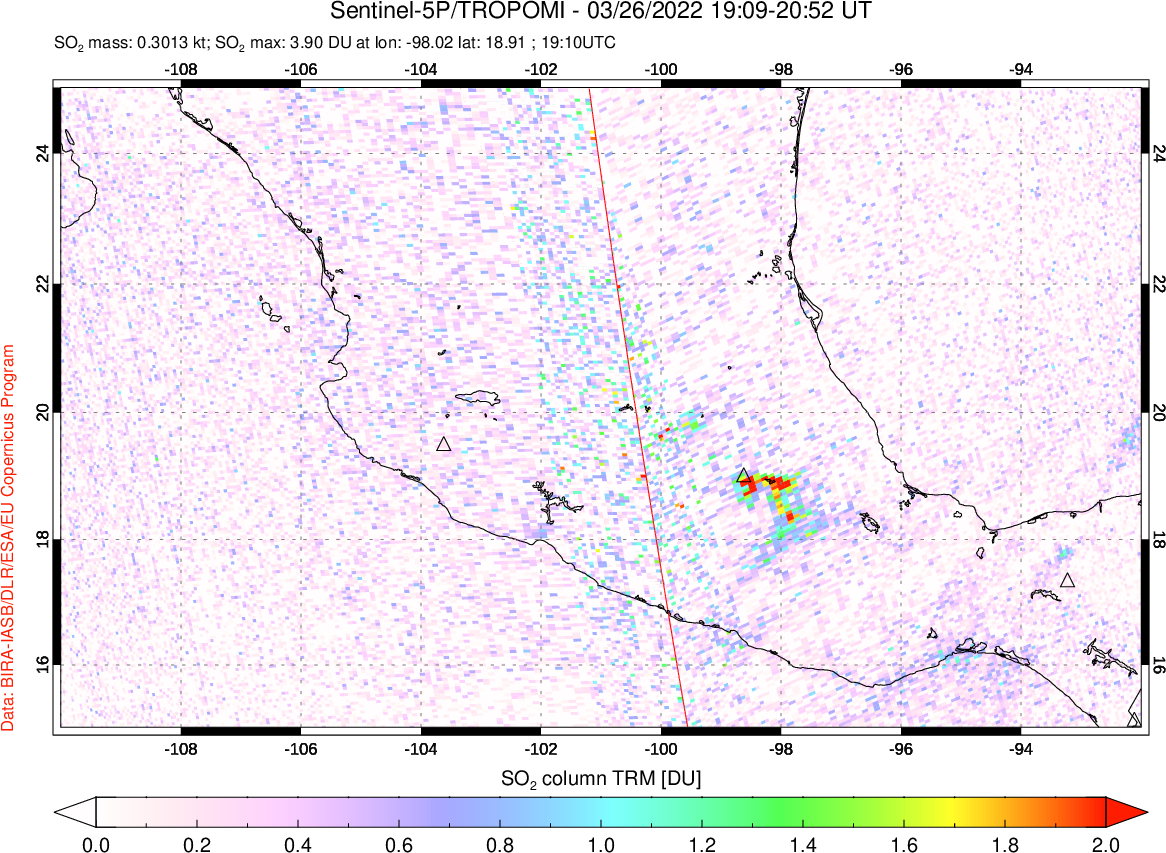 A sulfur dioxide image over Mexico on Mar 26, 2022.