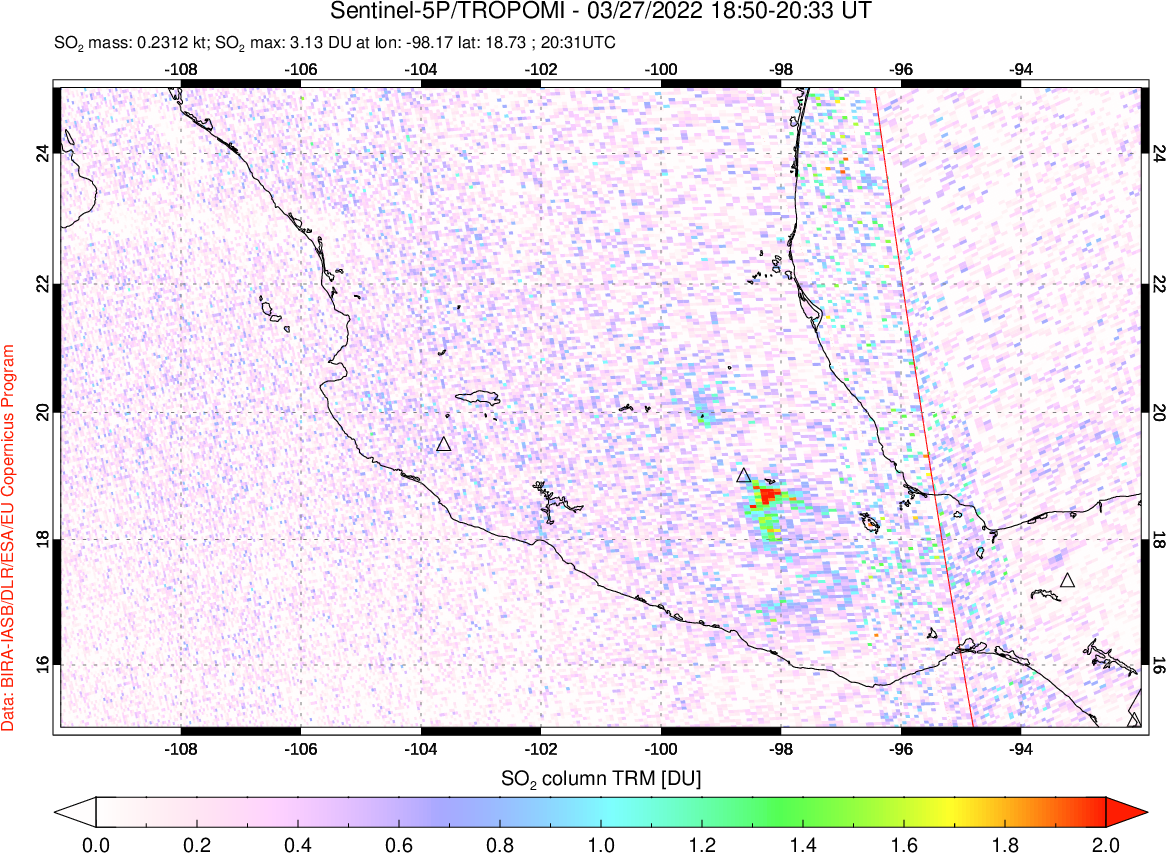 A sulfur dioxide image over Mexico on Mar 27, 2022.