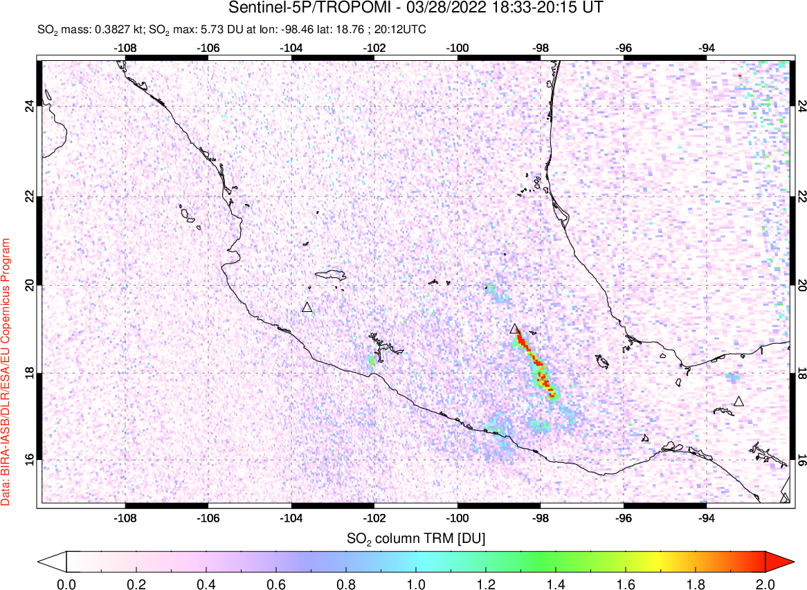 A sulfur dioxide image over Mexico on Mar 28, 2022.