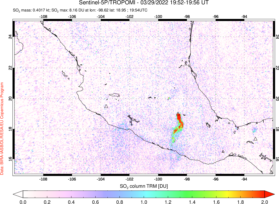 A sulfur dioxide image over Mexico on Mar 29, 2022.