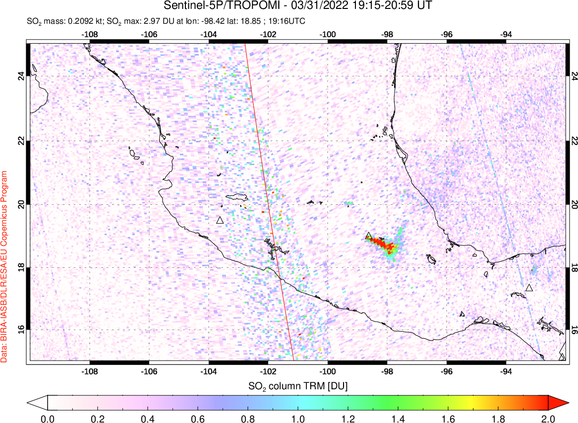 A sulfur dioxide image over Mexico on Mar 31, 2022.