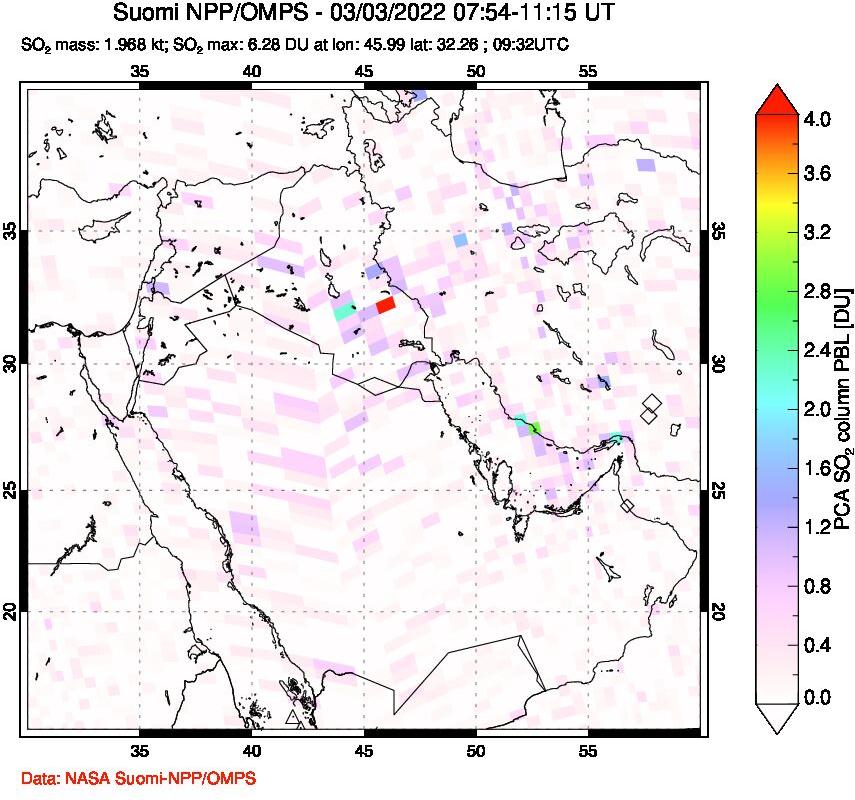A sulfur dioxide image over Middle East on Mar 03, 2022.