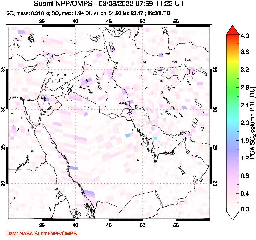 A sulfur dioxide image over Middle East on Mar 08, 2022.