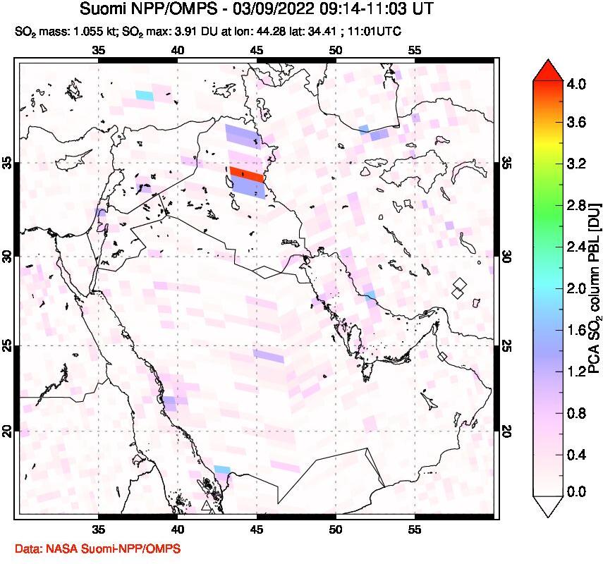 A sulfur dioxide image over Middle East on Mar 09, 2022.