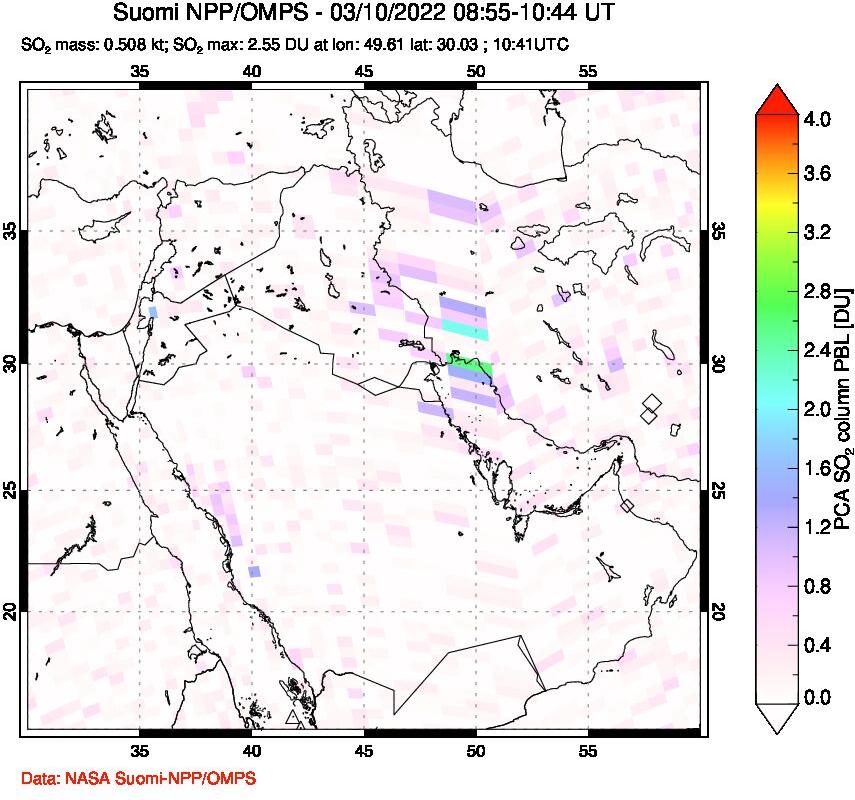 A sulfur dioxide image over Middle East on Mar 10, 2022.