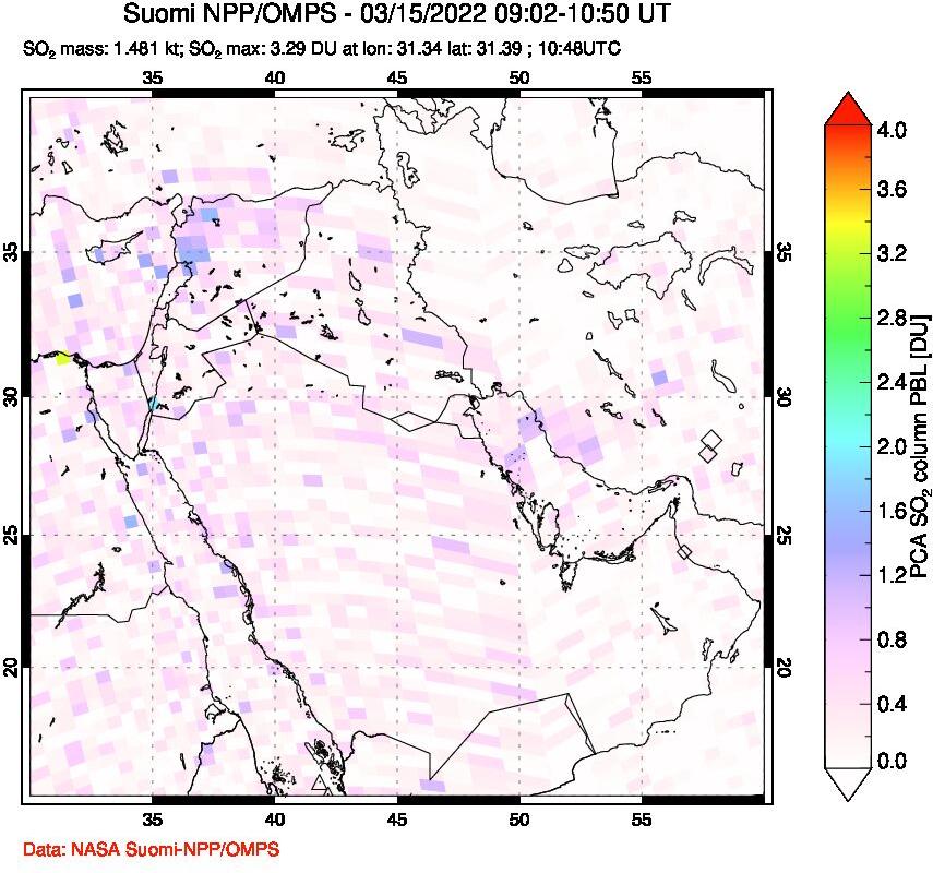 A sulfur dioxide image over Middle East on Mar 15, 2022.