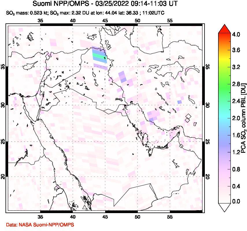 A sulfur dioxide image over Middle East on Mar 25, 2022.