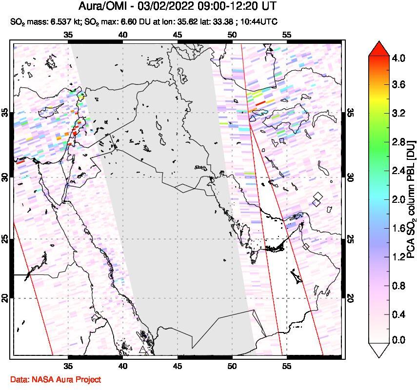 A sulfur dioxide image over Middle East on Mar 02, 2022.