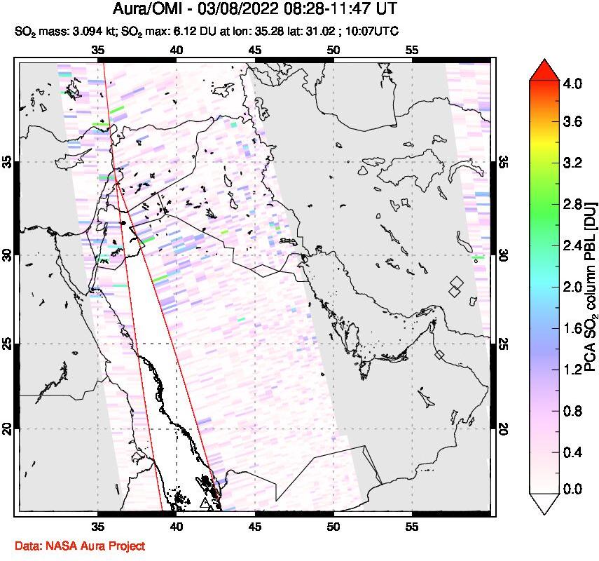 A sulfur dioxide image over Middle East on Mar 08, 2022.