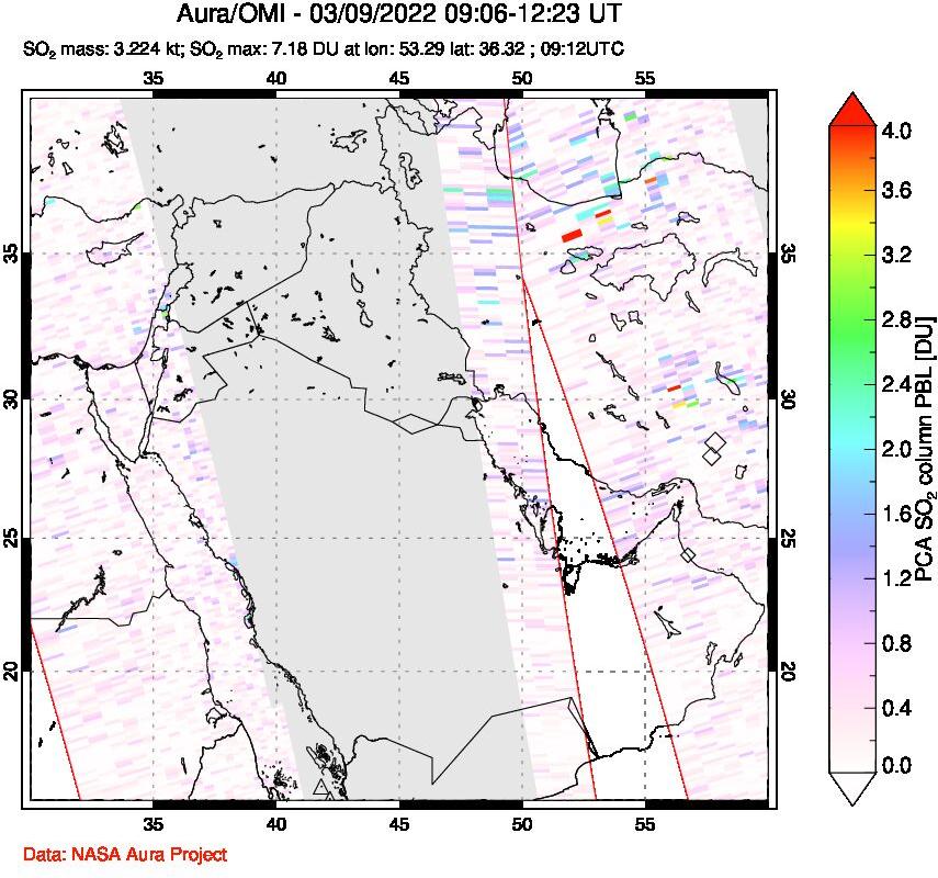A sulfur dioxide image over Middle East on Mar 09, 2022.