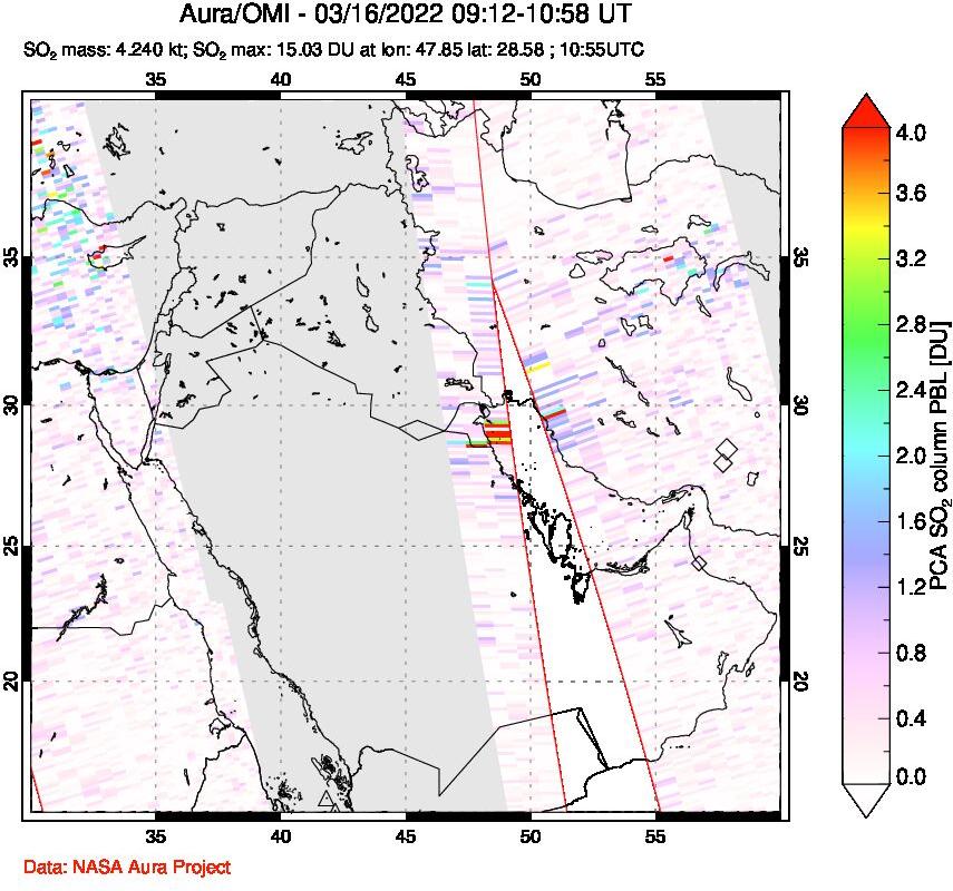 A sulfur dioxide image over Middle East on Mar 16, 2022.