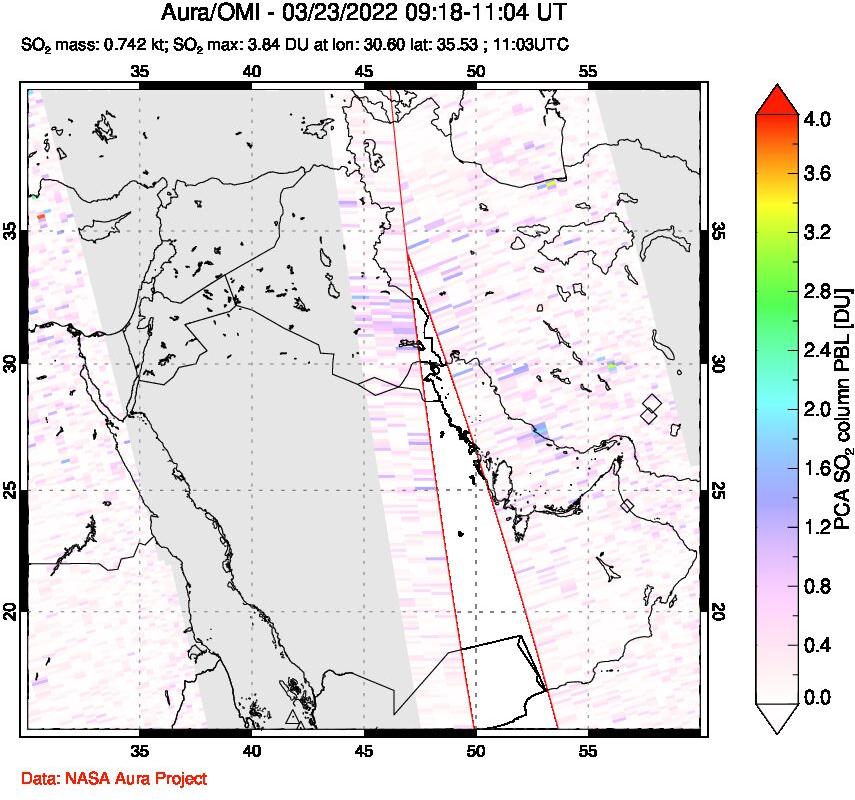 A sulfur dioxide image over Middle East on Mar 23, 2022.