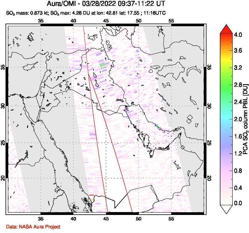 A sulfur dioxide image over Middle East on Mar 28, 2022.