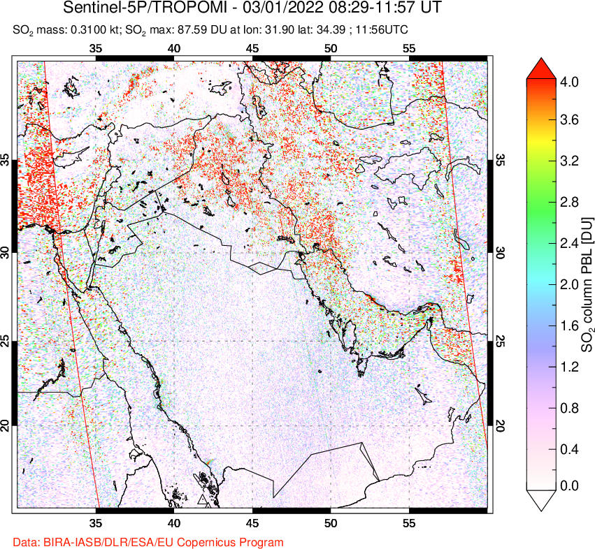 A sulfur dioxide image over Middle East on Mar 01, 2022.