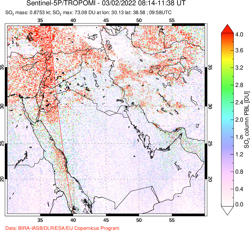A sulfur dioxide image over Middle East on Mar 02, 2022.