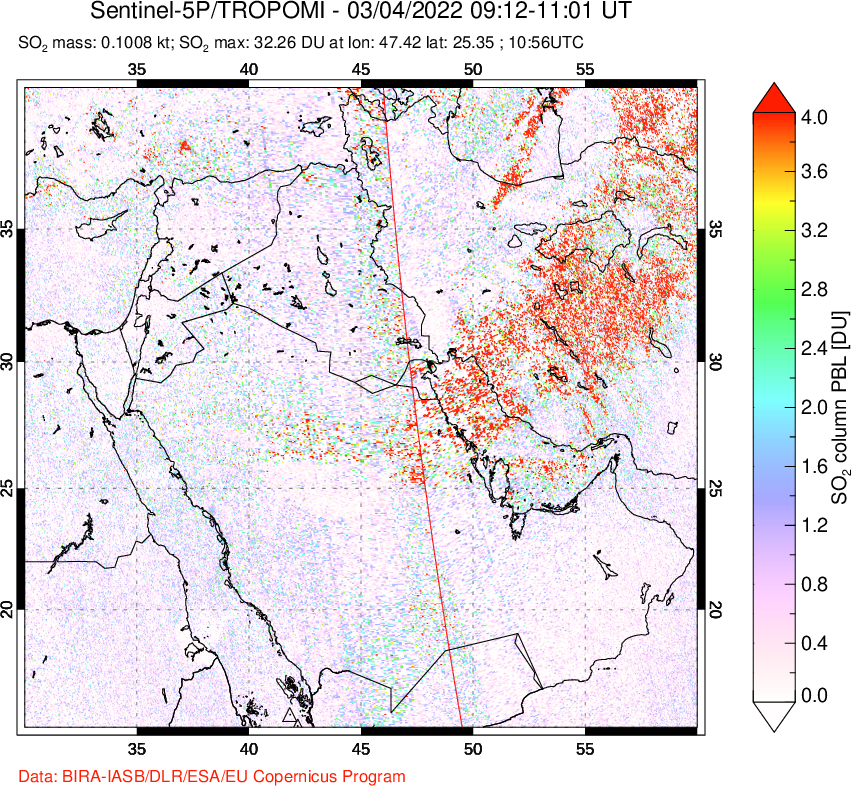A sulfur dioxide image over Middle East on Mar 04, 2022.
