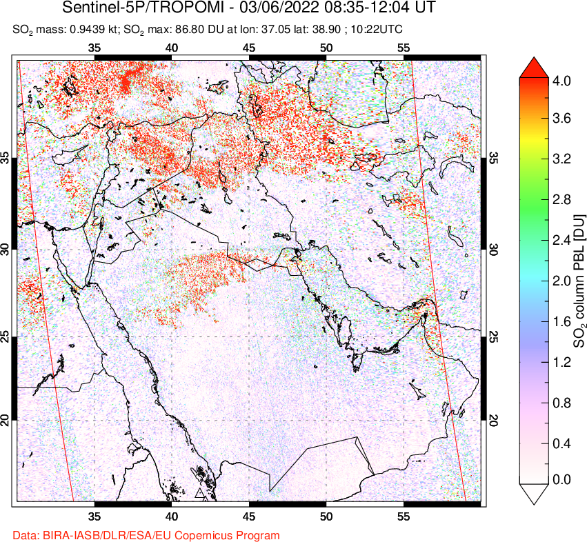 A sulfur dioxide image over Middle East on Mar 06, 2022.