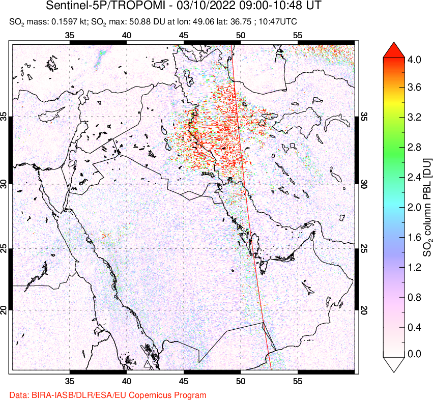 A sulfur dioxide image over Middle East on Mar 10, 2022.