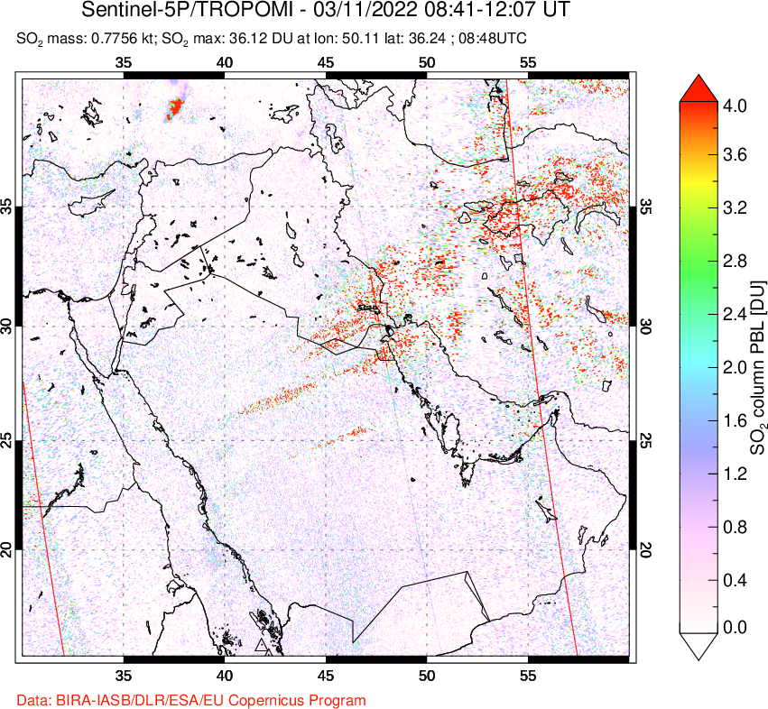 A sulfur dioxide image over Middle East on Mar 11, 2022.