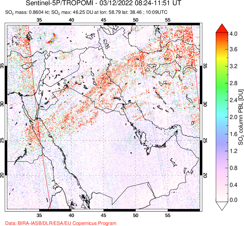 A sulfur dioxide image over Middle East on Mar 12, 2022.