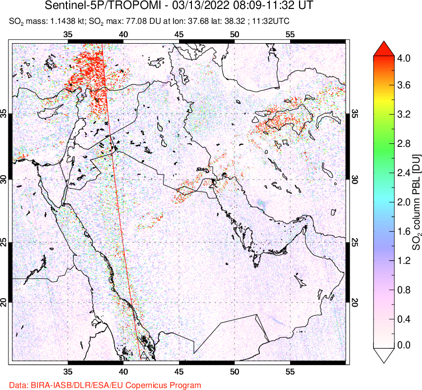 A sulfur dioxide image over Middle East on Mar 13, 2022.
