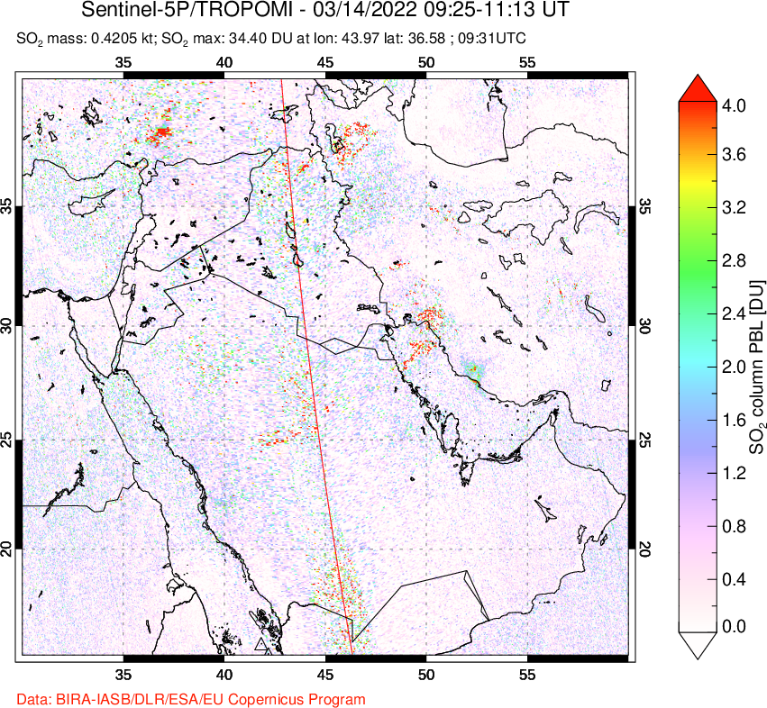 A sulfur dioxide image over Middle East on Mar 14, 2022.